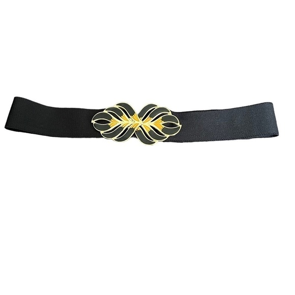 Vintage 80’s Black Adjustable Stretch Enamel Statement Buckle Belt - Picture 2 of 16